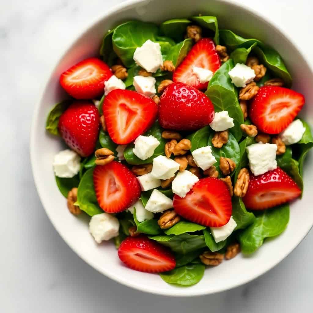 Strawberry spinach salad with fresh spinach, sliced strawberries, crumbled goat cheese, and candied walnuts in white bowl.