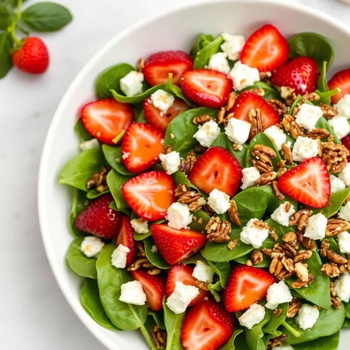 Strawberry spinach salad with fresh berries, goat cheese crumbles, and candied pecans on white plate.