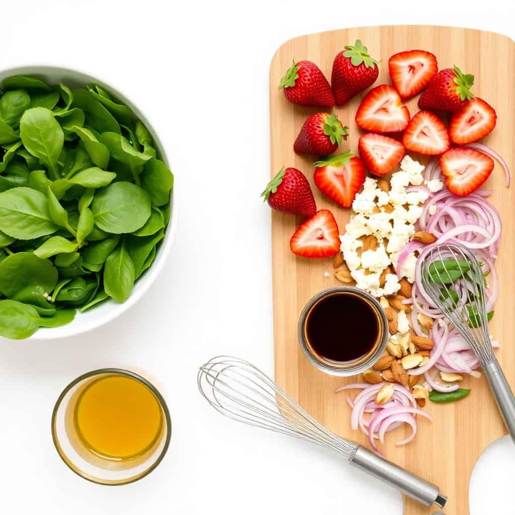 Strawberry spinach salad ingredients arranged on wooden board: fresh spinach, sliced strawberries, feta cheese, red onion,...