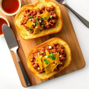 Two Texas toast sloppy joes topped with yellow peppers, onions, and cilantro on a wooden board with sauce.