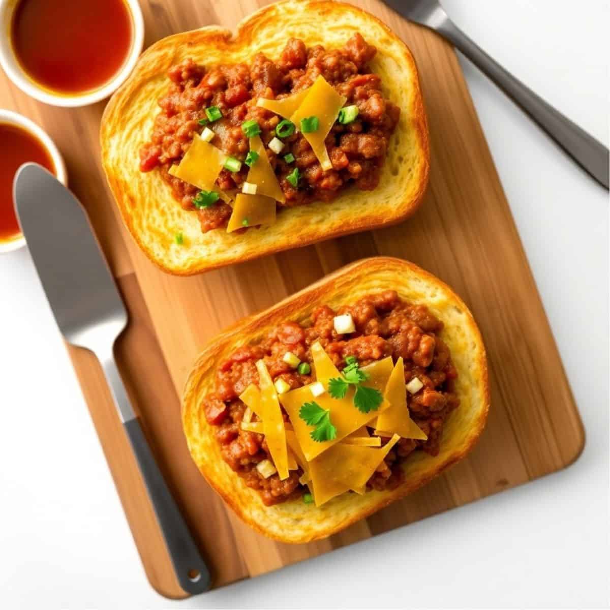 Two Texas toast sloppy joes topped with yellow peppers, onions, and cilantro on a wooden board with sauce.