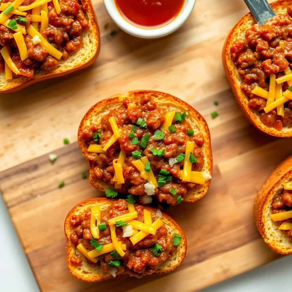 Texas toast sloppy joes topped with shredded cheddar cheese and green onions on wooden board.