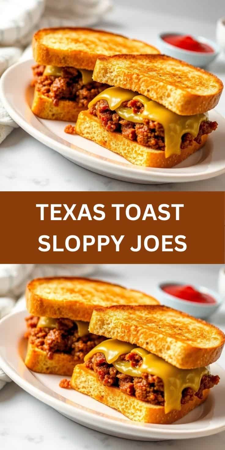 Two Texas Toast Sloppy Joes with melted cheese and seasoned ground meat on white plate.