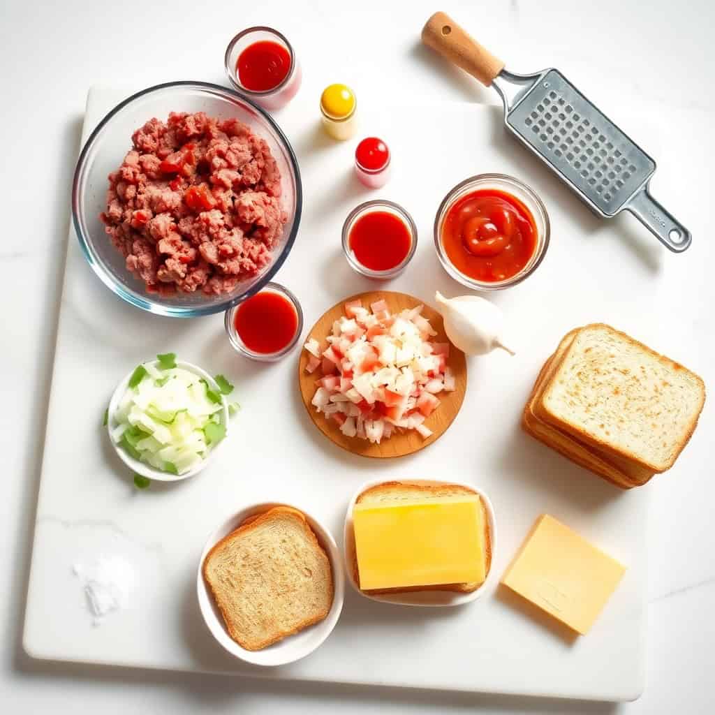 Sloppy Joe ingredients arranged on white marble board: ground beef, diced vegetables, bread, cheese, and sauce bowls.