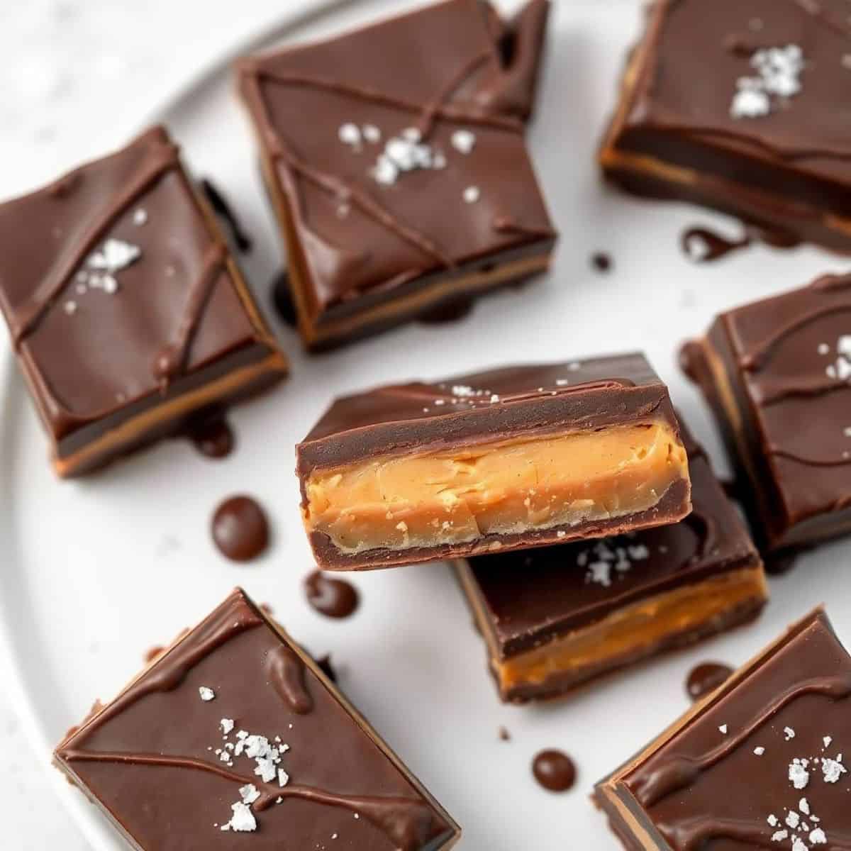 Triple layer chocolate candy bars with caramel filling, topped with sea salt, arranged on white surface.