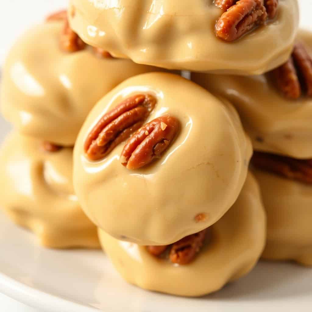 Vanilla pecan pralines with glossy caramel coating and pecan halves on white surface.