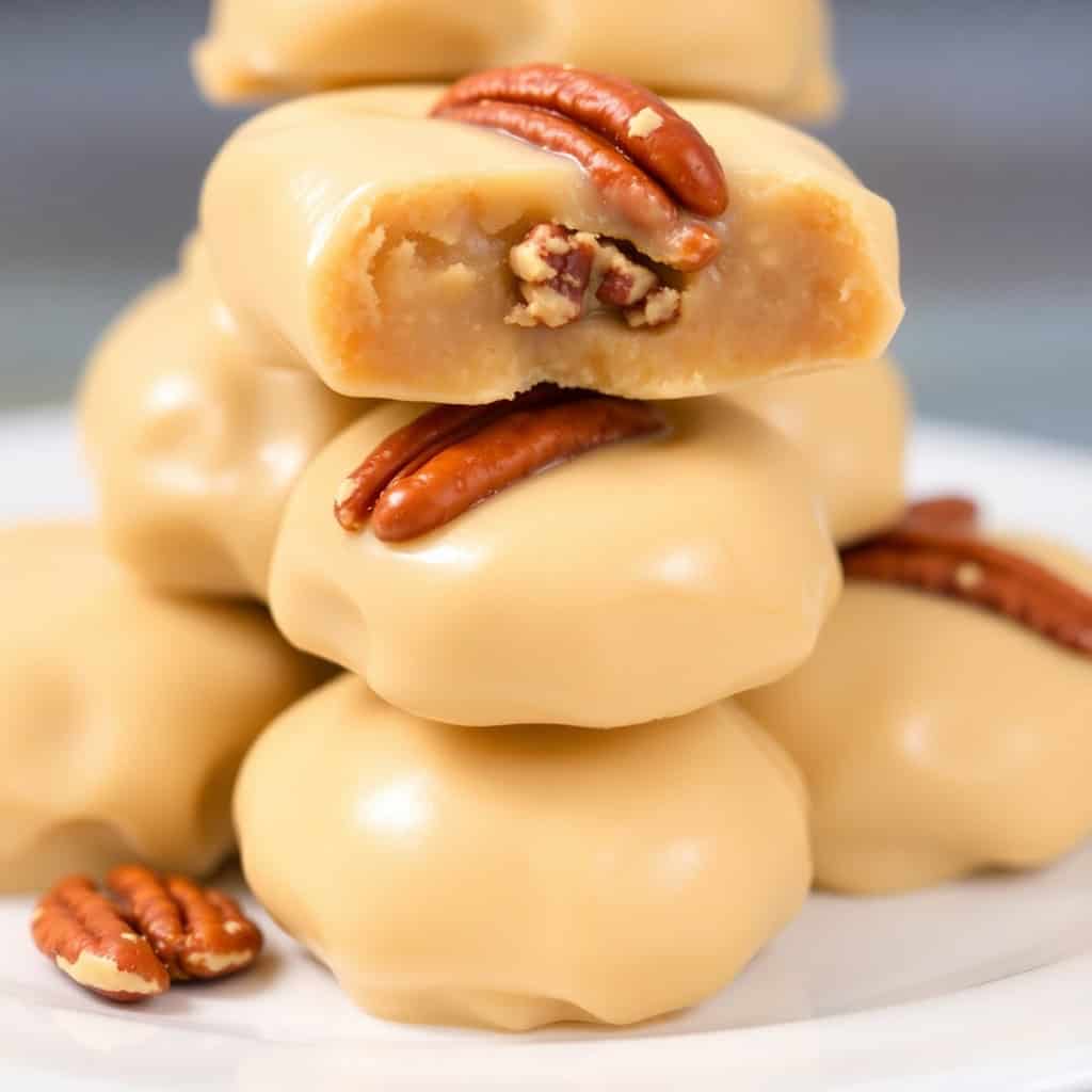 Stacked vanilla pecan pralines topped with pecans, displayed on white surface with loose pecans.
