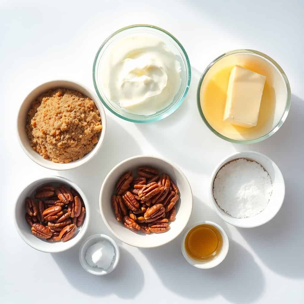 Vanilla pecan pralines ingredients arranged in white bowls: brown sugar, sour cream, butter, pecans, salt, and vanilla ext...