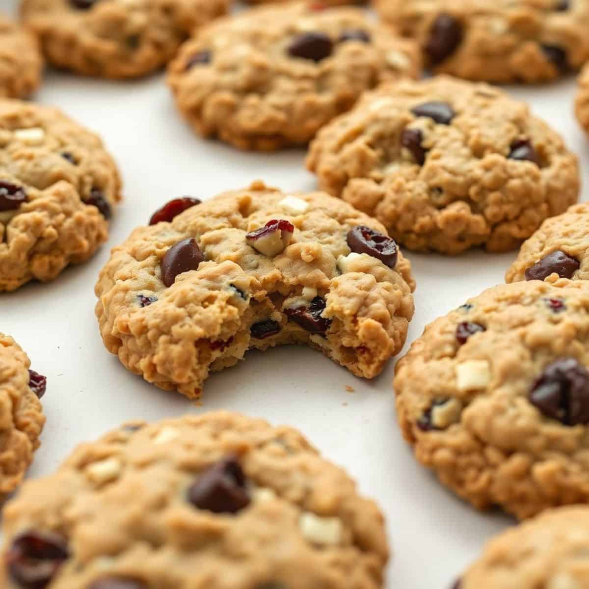 White chocolate cranberry oatmeal cookies with one broken in half, displayed on white surface.