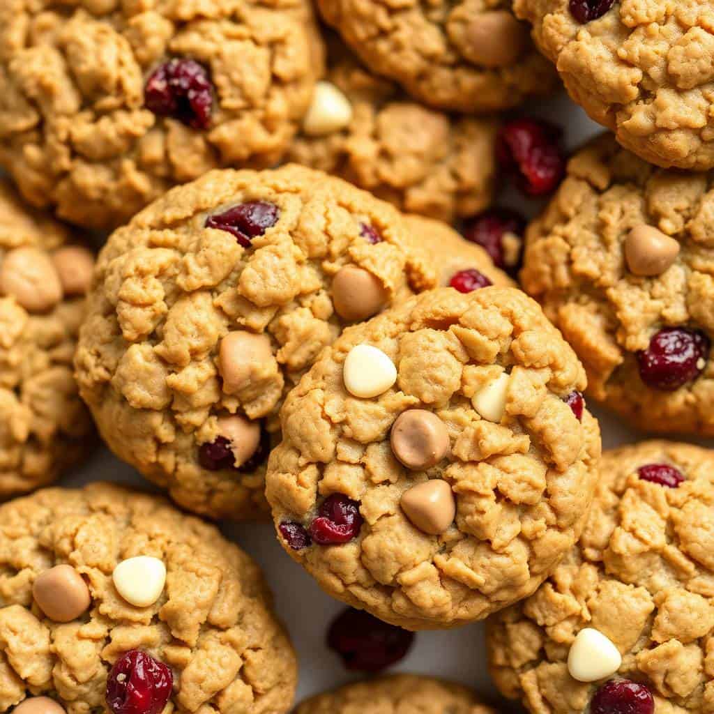 White chocolate cranberry oatmeal cookies with visible oats, white chocolate chips, and dried cranberries on light surface.