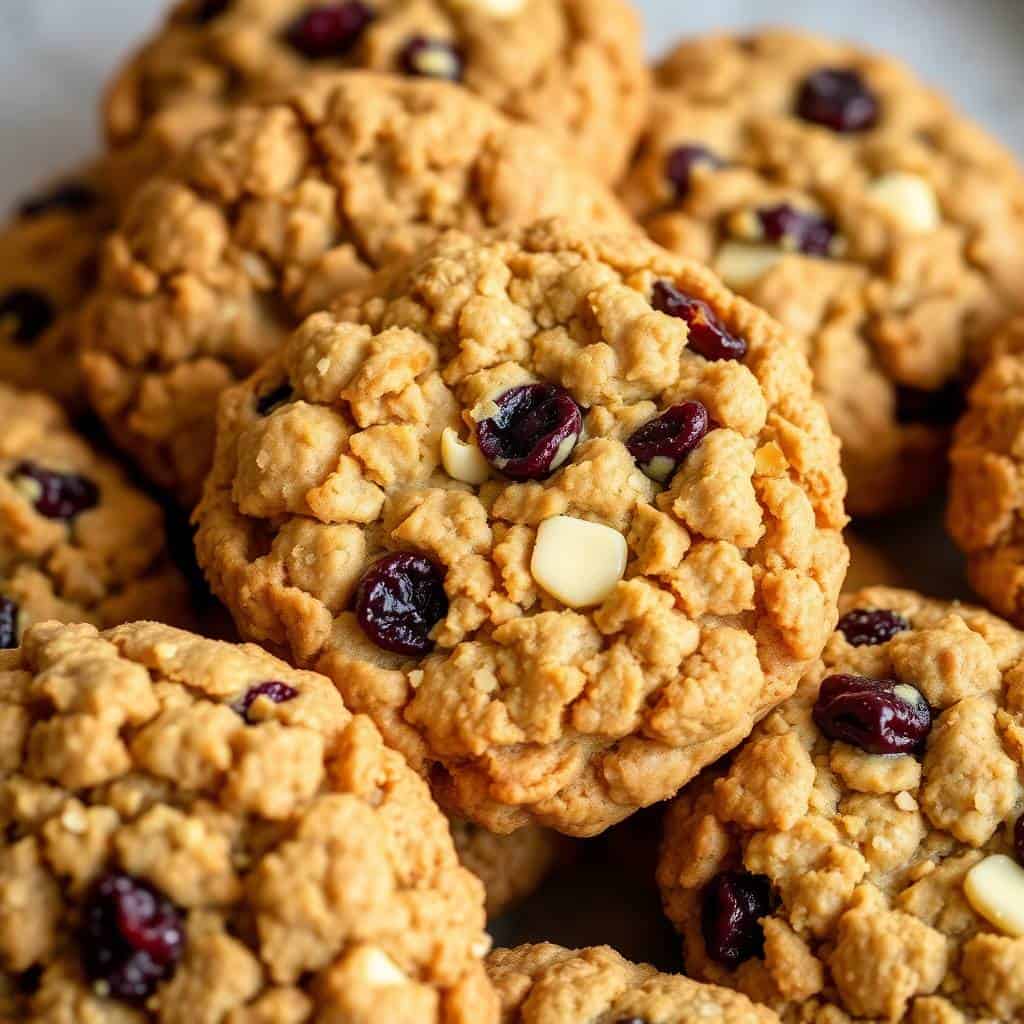 White chocolate cranberry oatmeal cookies stacked together, showing chewy texture and dried fruit pieces.