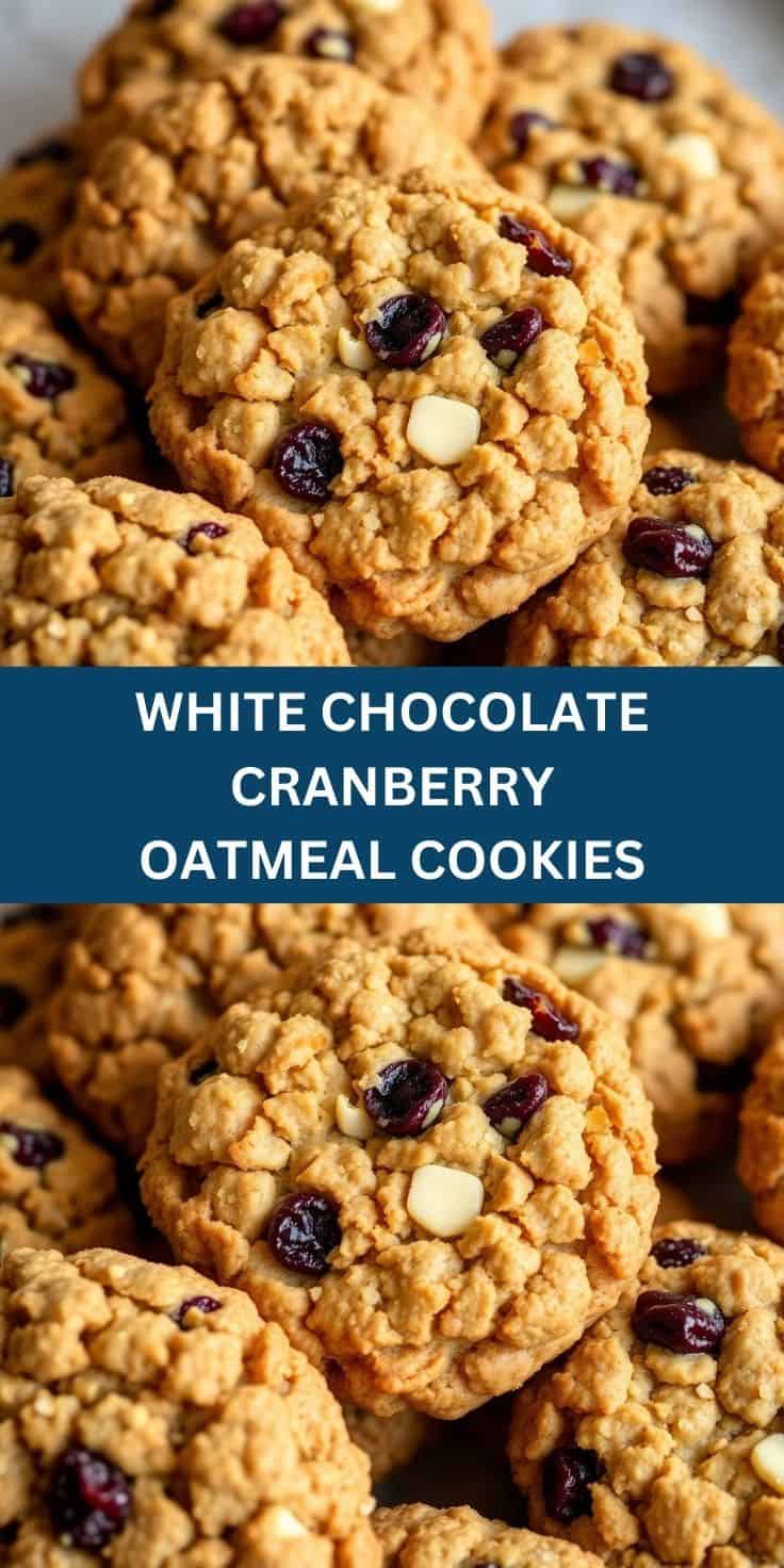 White chocolate cranberry oatmeal cookies stacked showing chewy texture and mix of white chocolate chips and dried cranber...