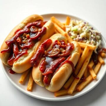 Two hot dogs with caramelized onions and ketchup, served with French fries and coleslaw on white plate.