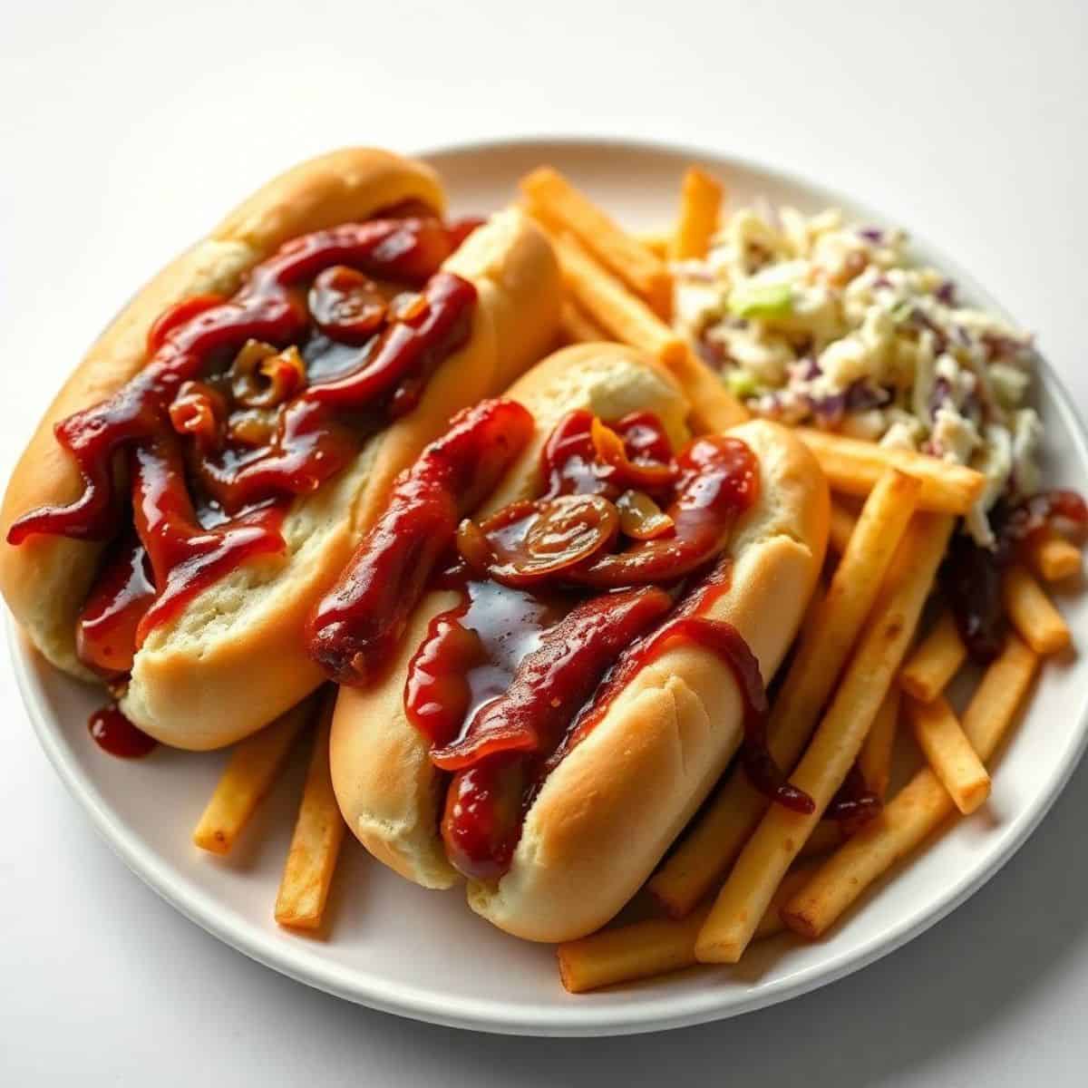 Two hot dogs with caramelized onions and ketchup, served with French fries and coleslaw on white plate.