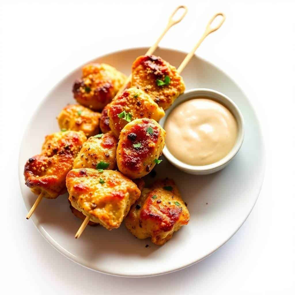 Air fryer garlic Parmesan chicken skewers on white plate with creamy dipping sauce and fresh parsley garnish.