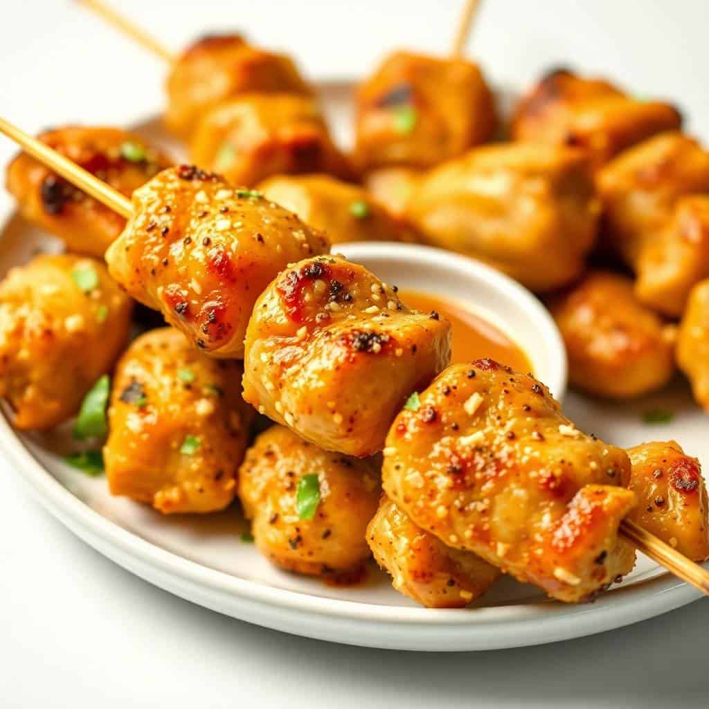 Golden-brown air fryer garlic parmesan chicken skewers garnished with green onions on white plate.