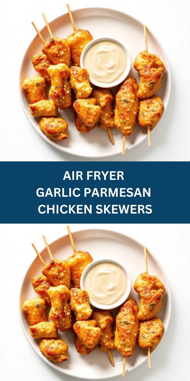 Golden-brown air fryer garlic Parmesan chicken skewers on white plate with creamy dipping sauce.