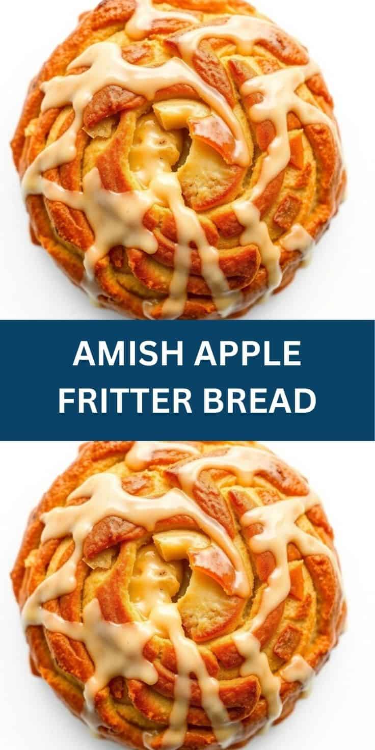 Amish Apple Fritter Bread with cinnamon swirl, topped with cream cheese glaze drizzle.