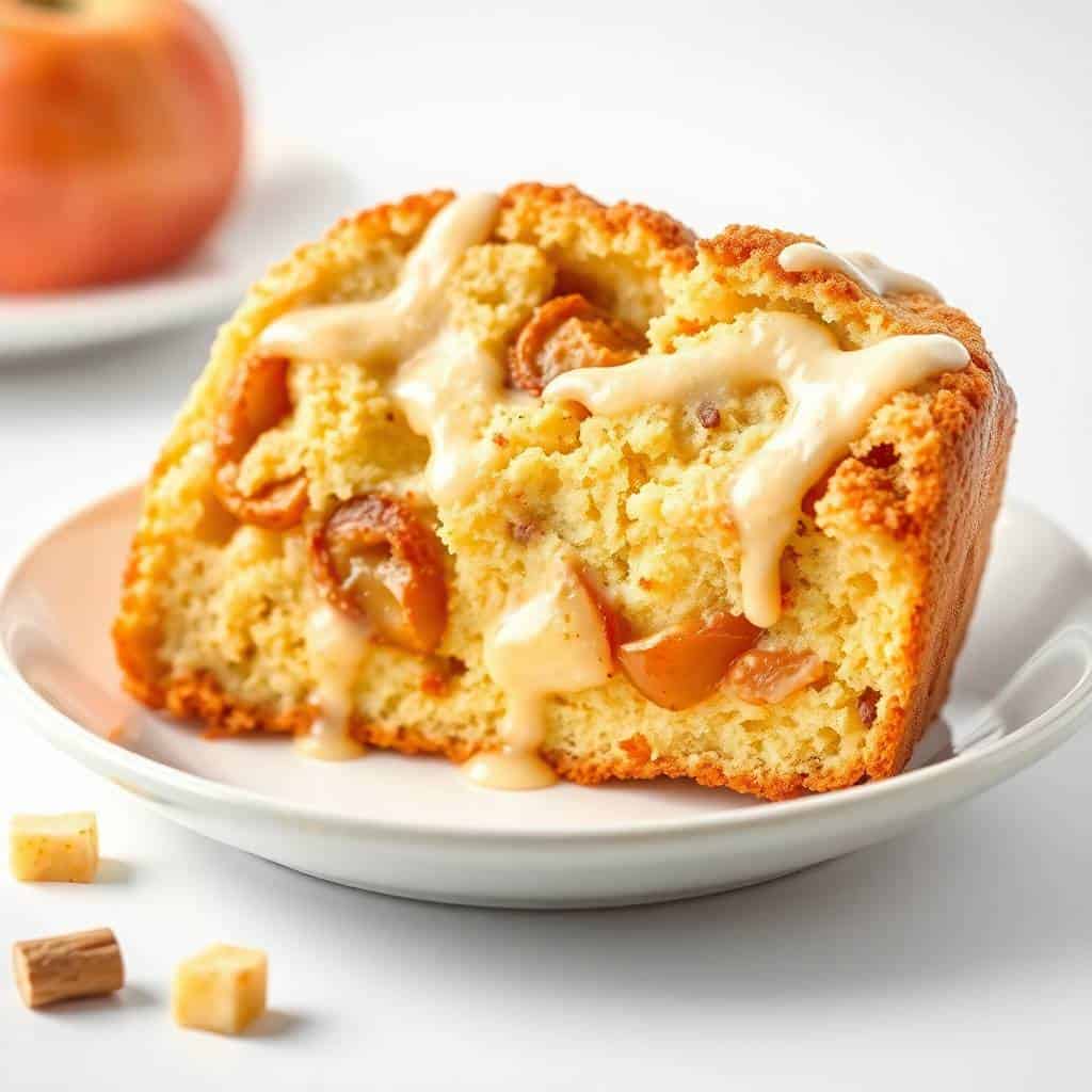Sliced Amish apple fritter bread with caramel drizzle on white plate, golden crumb visible.