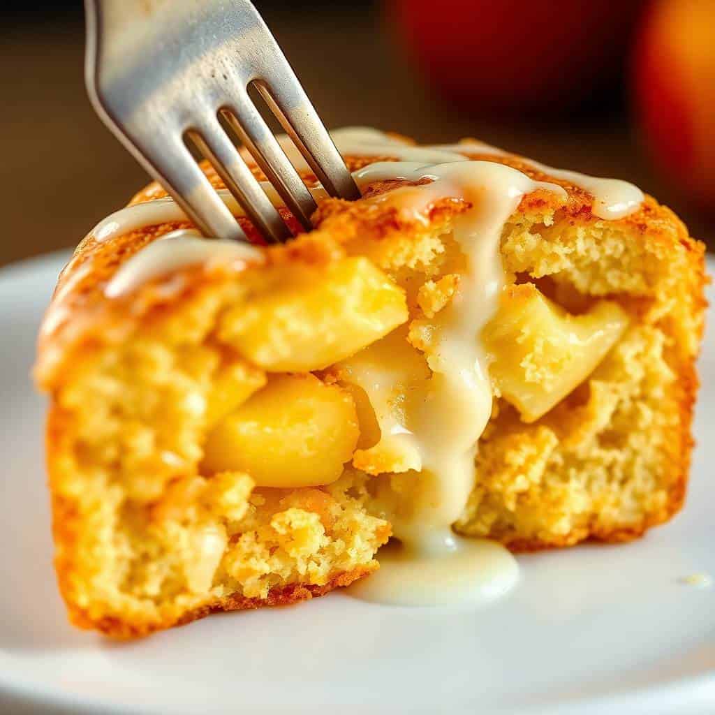 Fork cutting into golden Amish apple fritter bread with melted white glaze on white plate.