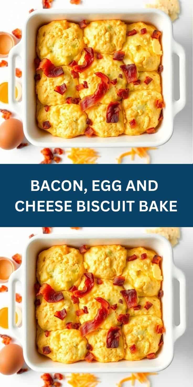 Golden-brown bacon, egg and cheese biscuit bake in white square dish with crispy bacon pieces.