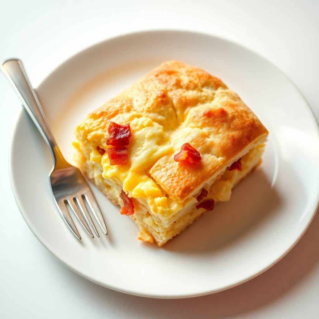 Bacon, egg and cheese biscuit bake slice on white plate with fork and red pepper garnish.