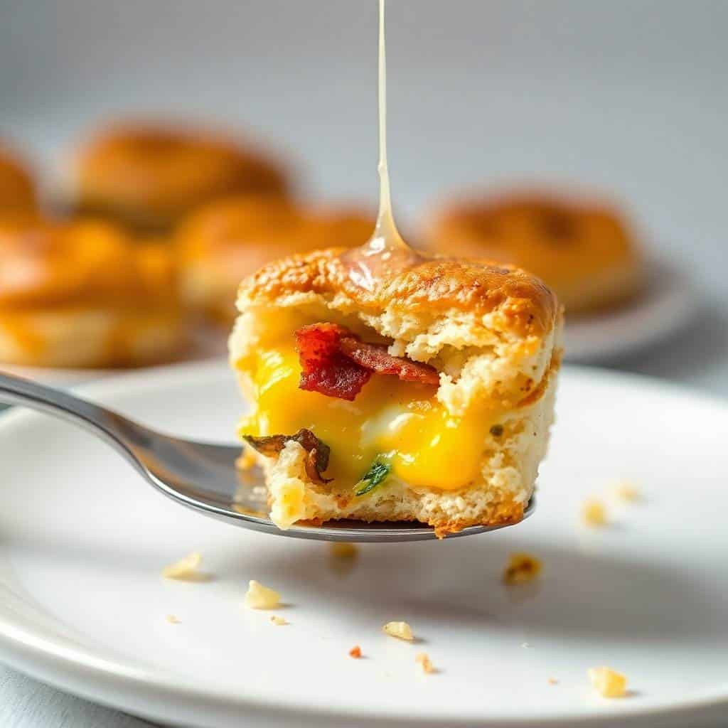 Bacon, egg and cheese biscuit bake on fork with melted cheese and crispy biscuit topping.