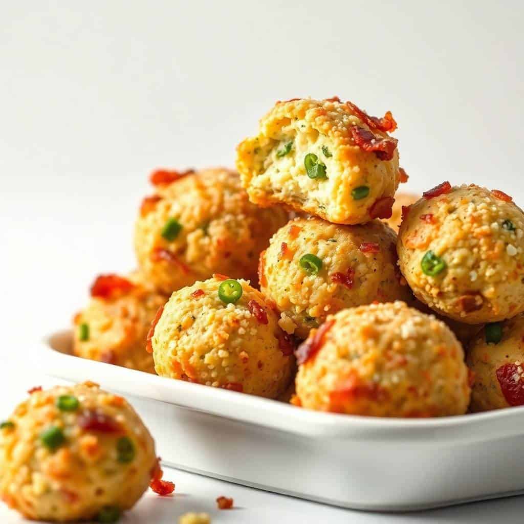 Bacon jalapeño popper cheese balls garnished with green onions on white plate.