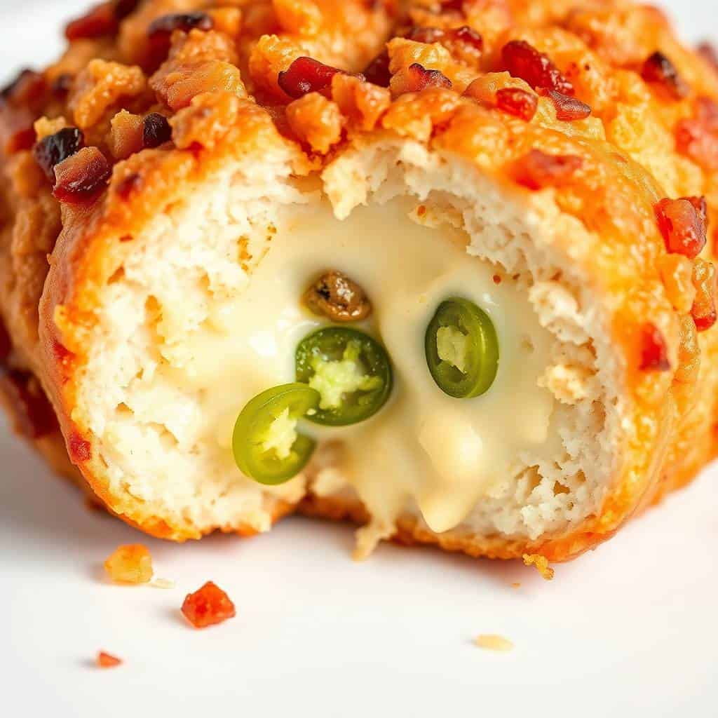 Bacon jalapeño popper cheese balls with melted cheese center, topped with bacon bits and jalapeño slices.