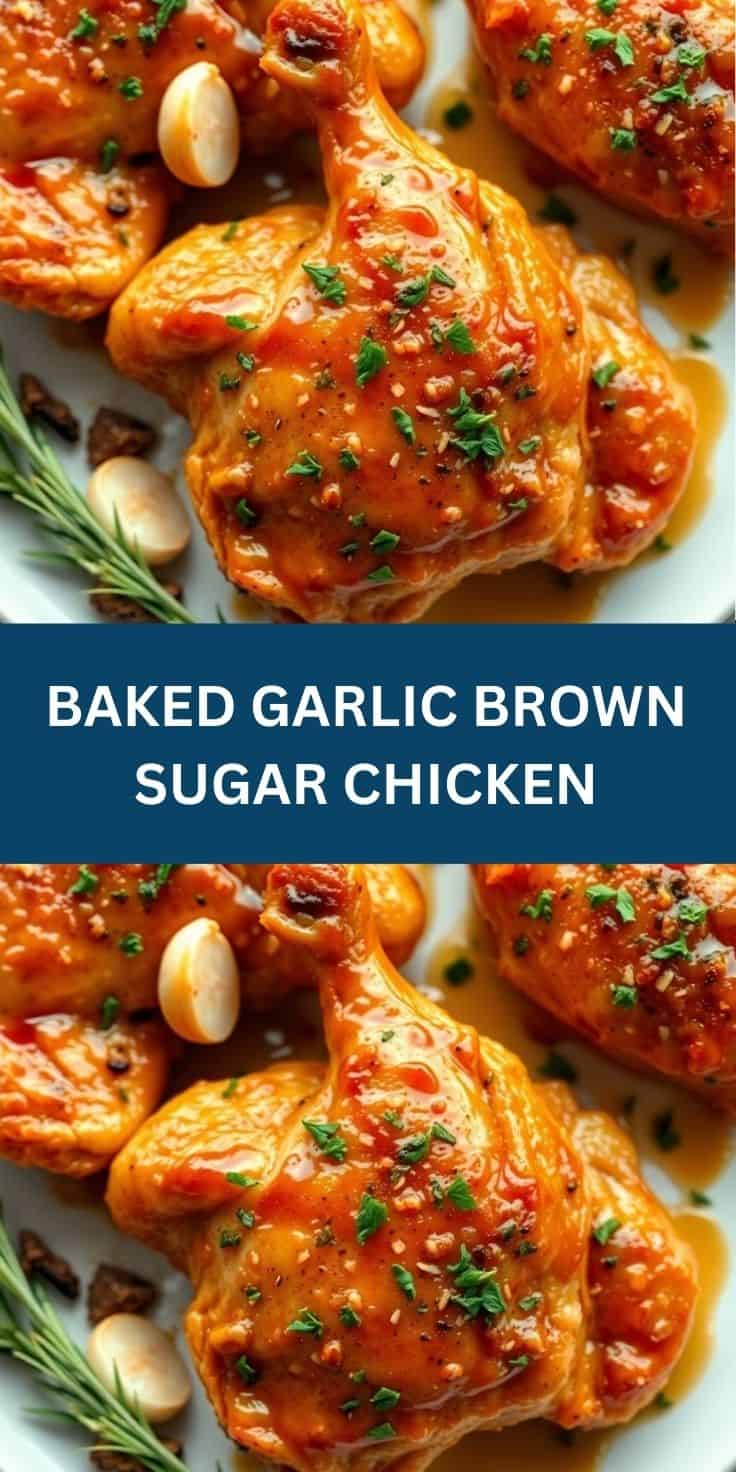 Baked garlic brown sugar chicken thighs glazed golden brown, garnished with fresh parsley and garlic cloves.