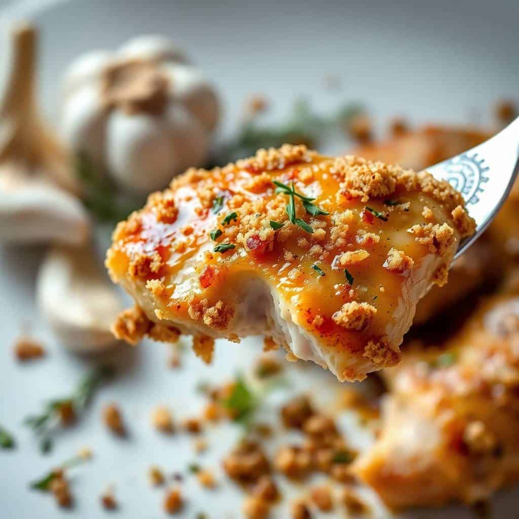 Baked garlic brown sugar chicken with caramelized crust and fresh rosemary garnish on white plate.