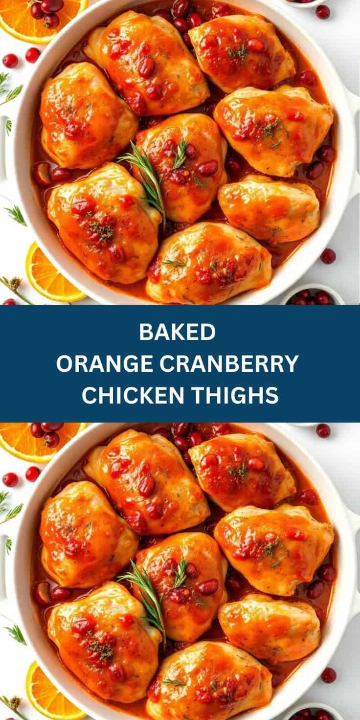 Baked orange cranberry chicken thighs glazed in white dish, garnished with rosemary and cranberries.