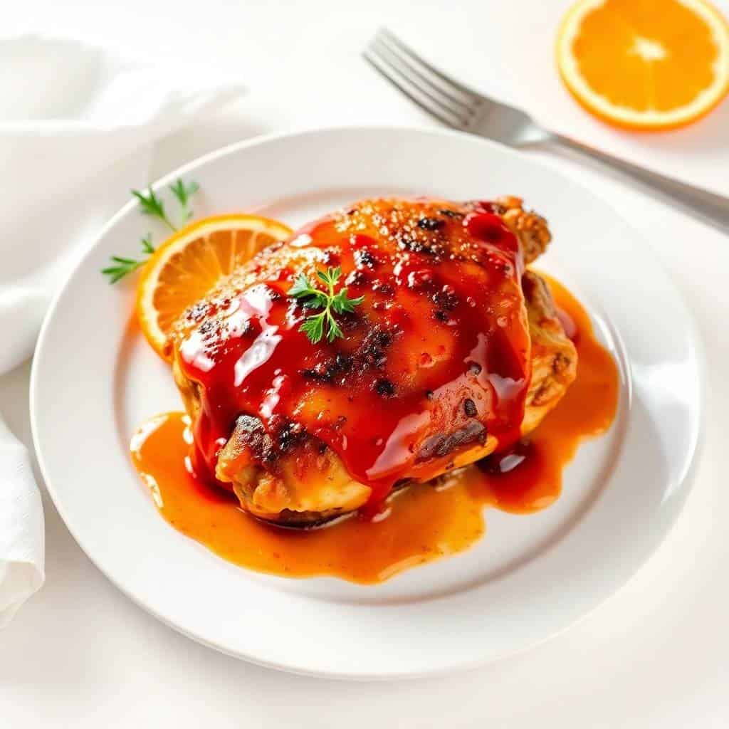 Baked orange cranberry chicken thigh glazed in red sauce, garnished with orange slice and herbs on white plate.