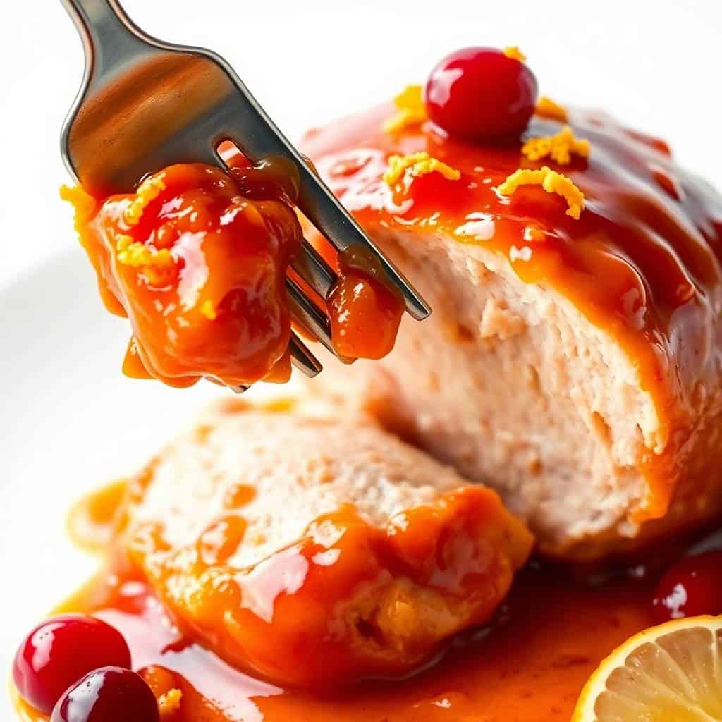 Baked orange cranberry chicken thighs glazed with shiny sauce, garnished with cranberries and lemon zest.