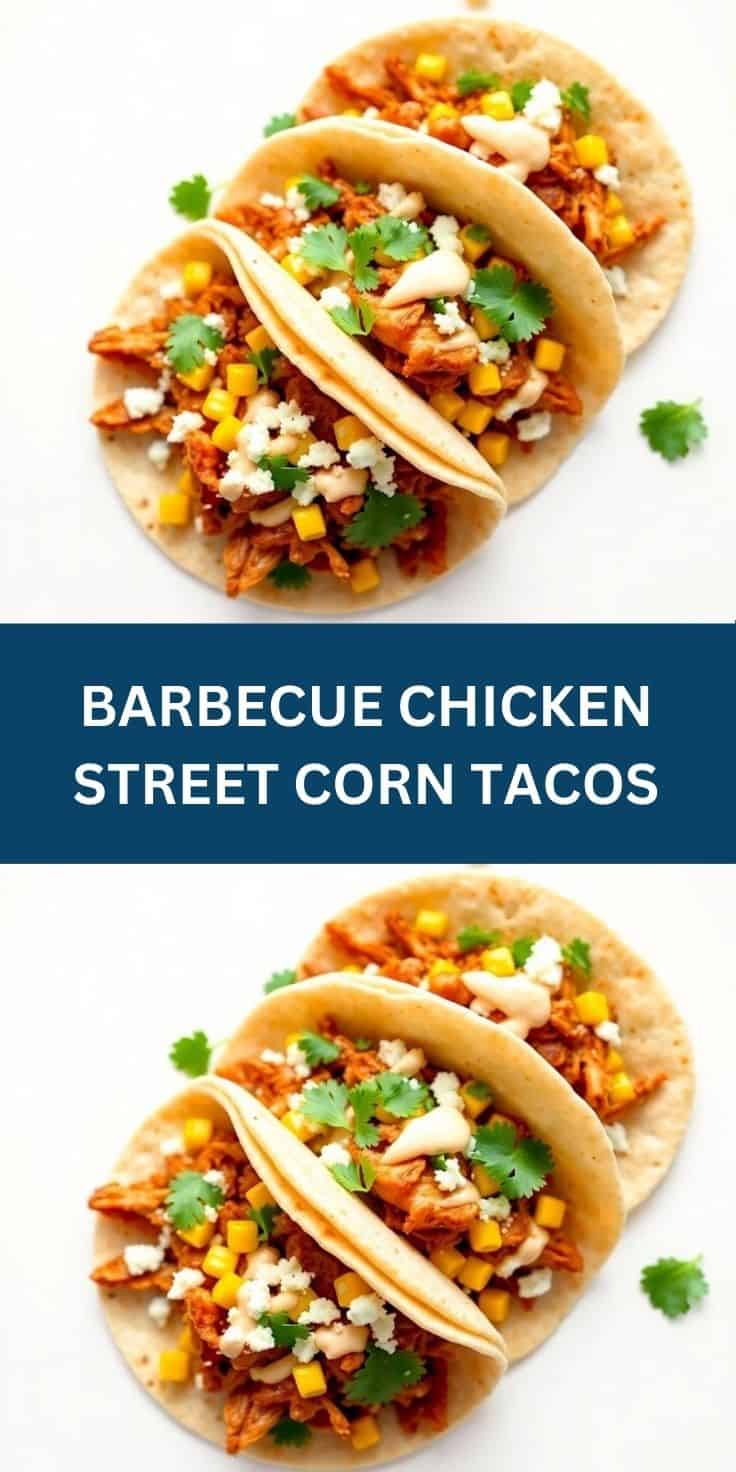 Three soft flour tacos filled with shredded barbecue chicken, corn, crumbled cheese, and cilantro garnish.