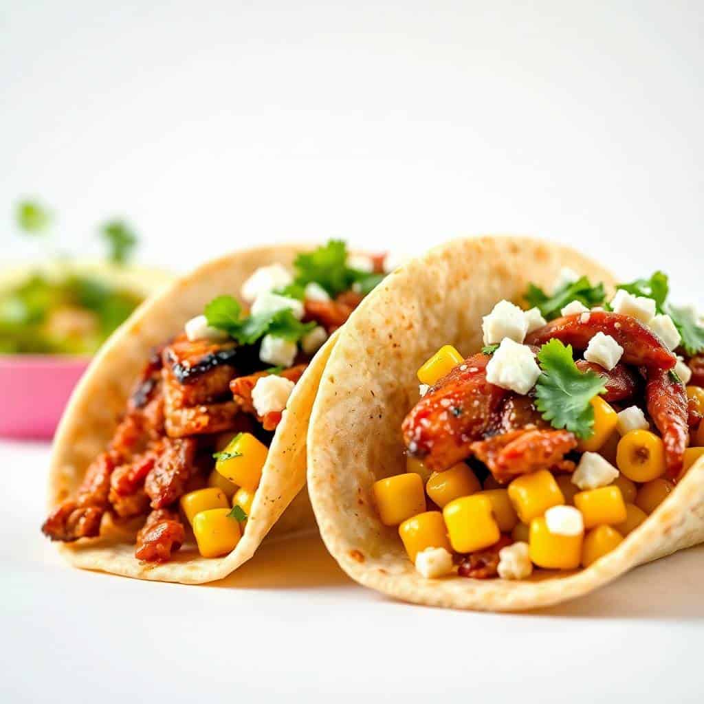 Barbecue chicken street corn tacos with charred meat, corn, queso fresco, and cilantro on soft tortillas.