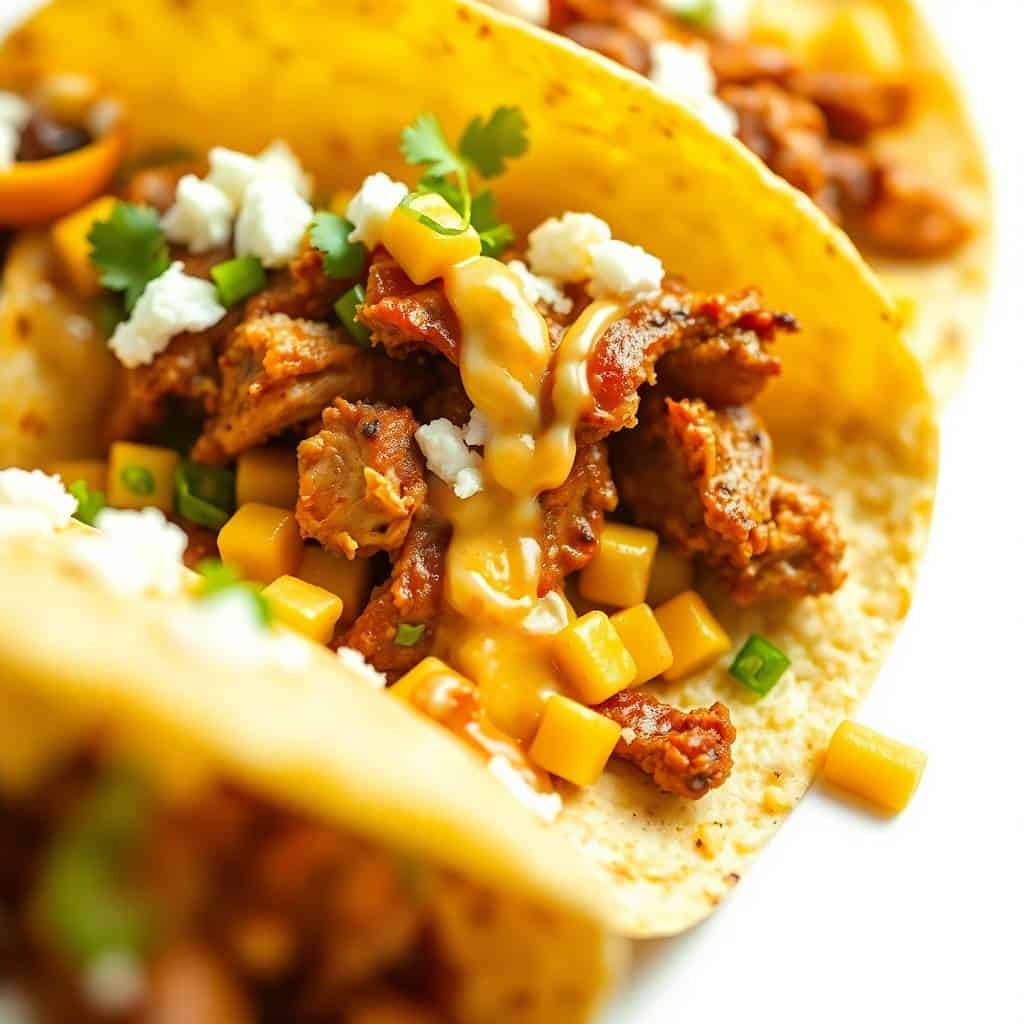 Barbecue chicken street corn tacos with corn, cotija cheese, cilantro, and green onions on yellow tortillas.