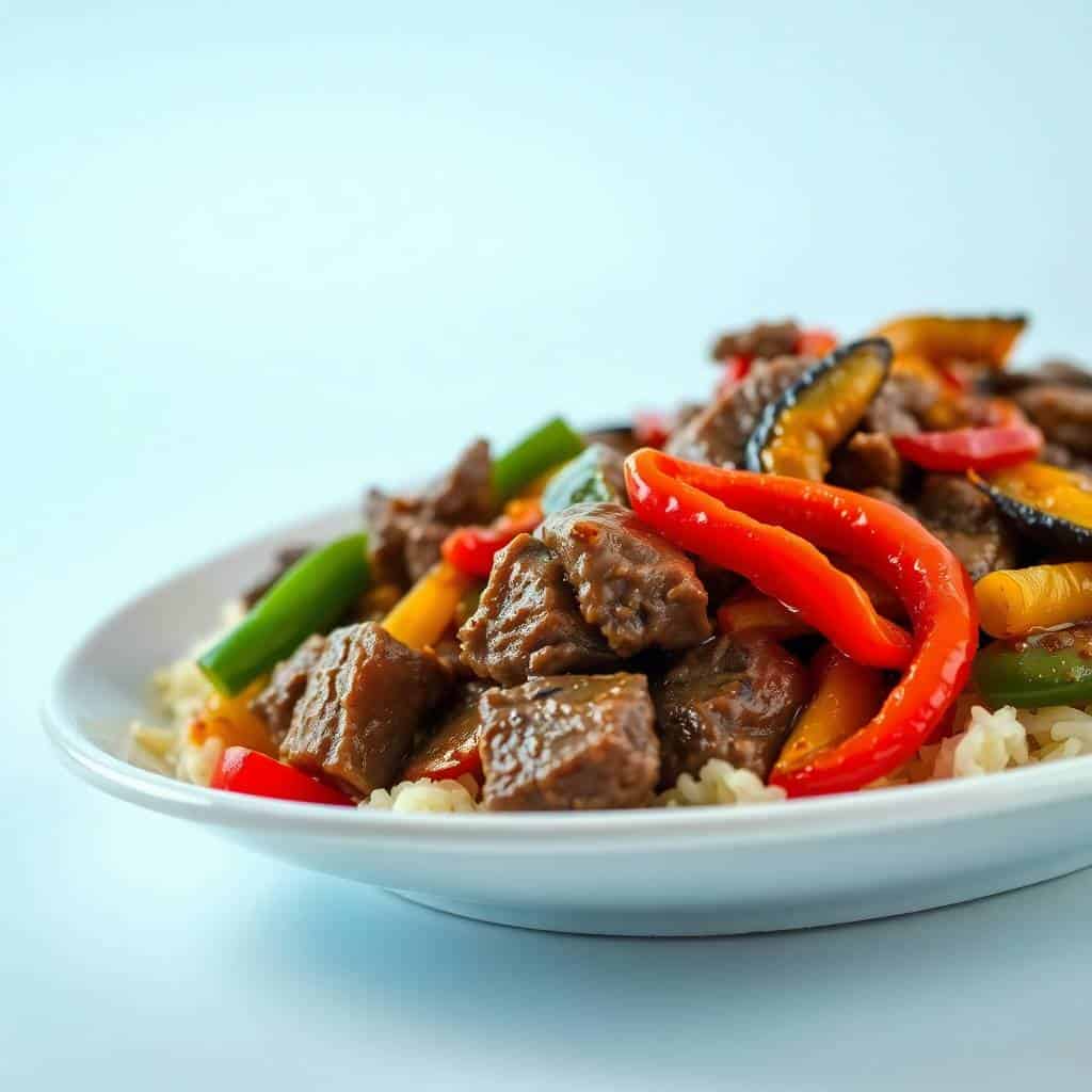 Beef stir-fry with red and yellow peppers served over rice on a white plate.