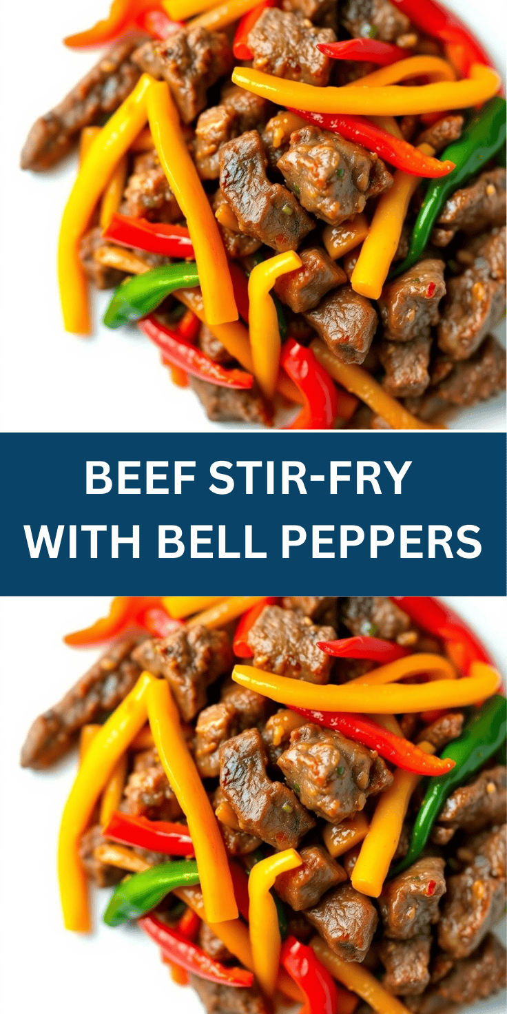 Beef stir-fry with colorful bell peppers in red, yellow, and green strips on white plate.