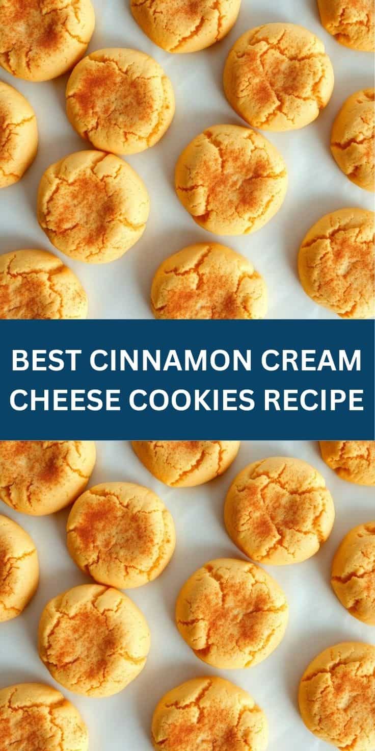 Overhead view of golden cinnamon cream cheese cookies with crackled tops arranged on white surface.
