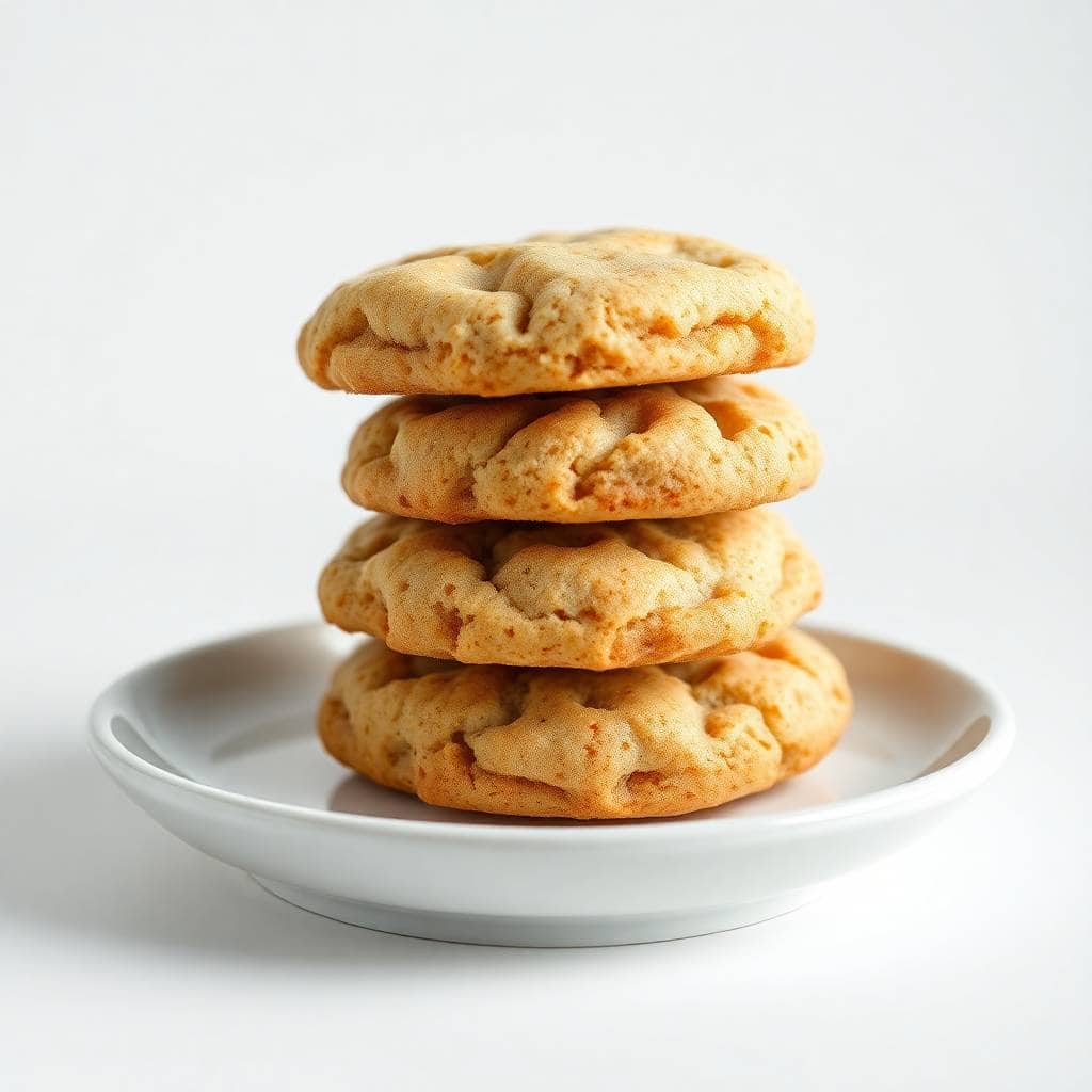 Four golden cinnamon cream cheese cookies stacked on a white plate against a light background.