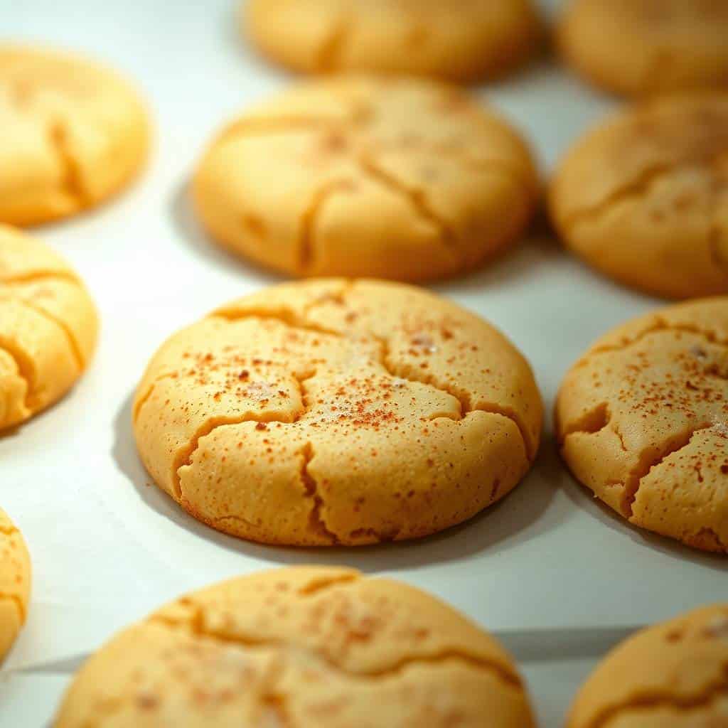 Cinnamon cream cheese cookies with cracked golden tops dusted with cinnamon sugar on parchment paper.