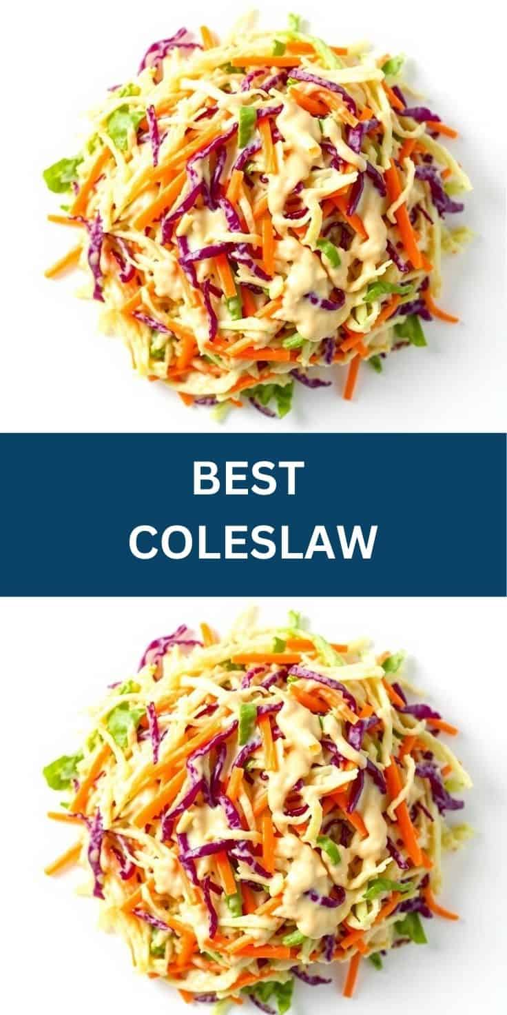 Colorful coleslaw with shredded cabbage, carrots, and creamy dressing on white background.
