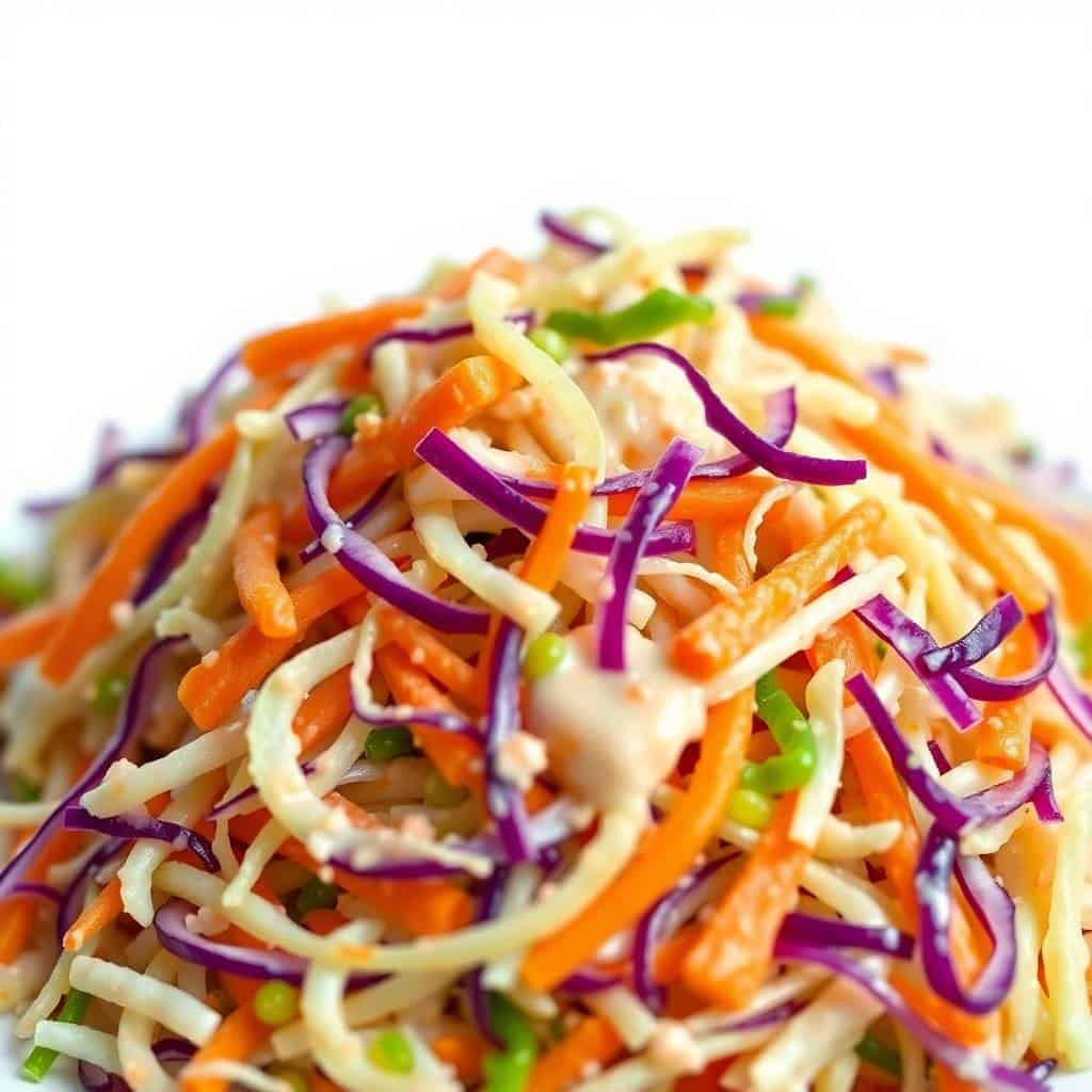 Colorful coleslaw with shredded cabbage, carrots, purple onion, and green onions mixed together.