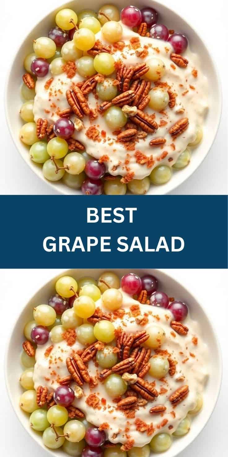 Grape salad with creamy white center, green and red grapes, and candied pecans on white plate.