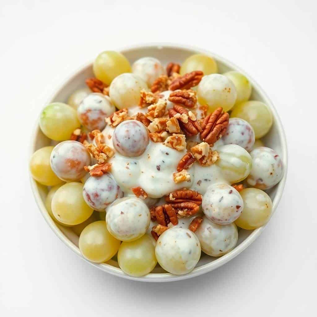 Grape salad with green and red grapes, creamy dressing, and candied pecans in white bowl.