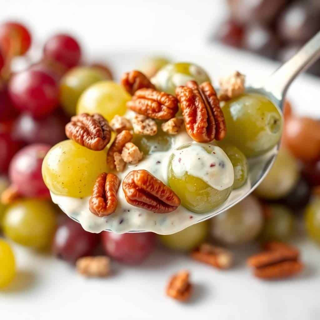 Grape salad served on a spoon with grapes, pecans, and creamy dressing.