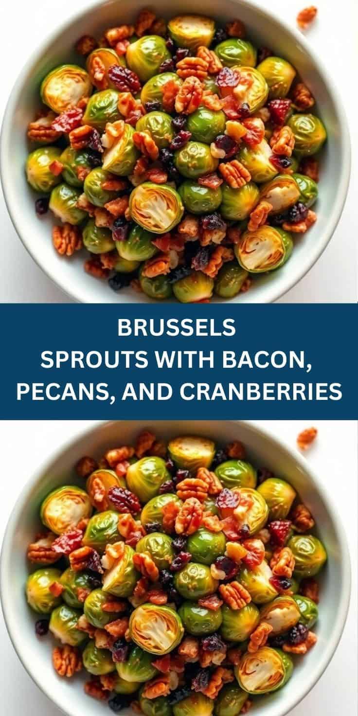 Roasted brussels sprouts with crispy bacon bits, pecans, and dried cranberries served in a white bowl.