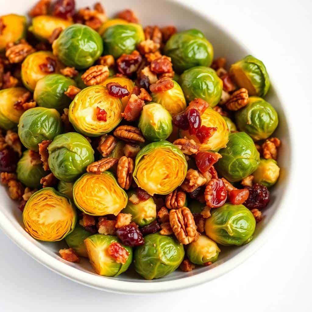 Roasted brussels sprouts with bacon, pecans, and cranberries served in a white bowl.