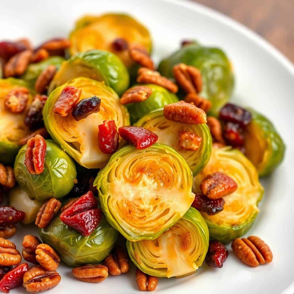 Roasted brussels sprouts with caramelized edges topped with pecans and cranberries on white plate.